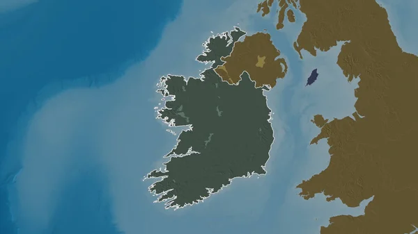 Outlined shape of the Ireland area. Colored and bumped map of the administrative division with surface waters. 3D rendering