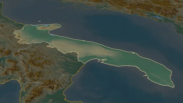 Powiększ Apulię Region Włoch Perspektywa Ukośna Mapa Pomocy Topograficznej Wodami — Zdjęcie stockowe