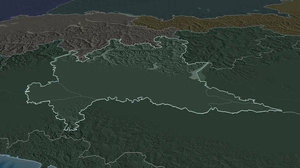 Zoom in on Lombardia (region of Italy) outlined. Oblique perspective. Colored and bumped map of the administrative division with surface waters. 3D rendering