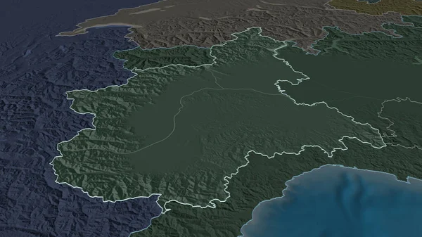 Zoom in on Piemonte (region of Italy) outlined. Oblique perspective. Colored and bumped map of the administrative division with surface waters. 3D rendering