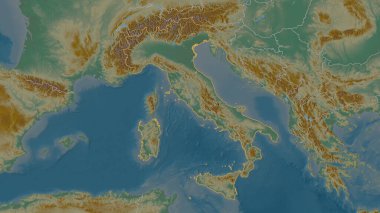 İtalya bölgesinin ana hatlarıyla çizilmiş hali. Yüzey suları olan topografik yardım haritası. 3B görüntüleme