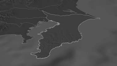 Chiba iline (Japonya ili) yakınlaştırın. Belirsiz bir bakış açısı. Yüzey sularıyla çift seviyeli yükseklik haritası. 3B görüntüleme