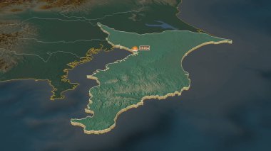 Chiba 'ya (Japonya ili) yakınlaştırın. Belirsiz bir bakış açısı. Yüzey suları olan topografik yardım haritası. 3B görüntüleme