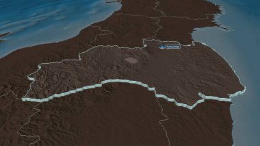 Fukushima 'ya (Japonya ili) yakınlaştırın. Belirsiz bir bakış açısı. Yüzey sularıyla birlikte idari bölümün renkli ve çarpık haritası. 3B görüntüleme