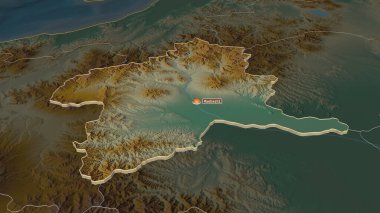 Gunma 'ya (Japonya ili) yakınlaştırın. Belirsiz bir bakış açısı. Yüzey suları olan topografik yardım haritası. 3B görüntüleme