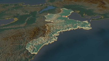 Mie 'ye (Japonya ili) yakınlaştır. Belirsiz bir bakış açısı. Yüzey suları olan topografik yardım haritası. 3B görüntüleme