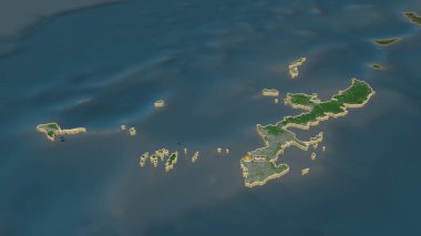 Okinawa iline (Japonya iline) yakınlaştırın. Belirsiz bir bakış açısı. Uydu görüntüleri. 3B görüntüleme