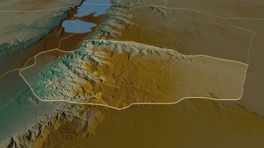 Ürdün 'ün merkezindeki Tafilah' a yaklaş. Belirsiz bir bakış açısı. Yüzey suları olan topografik yardım haritası. 3B görüntüleme