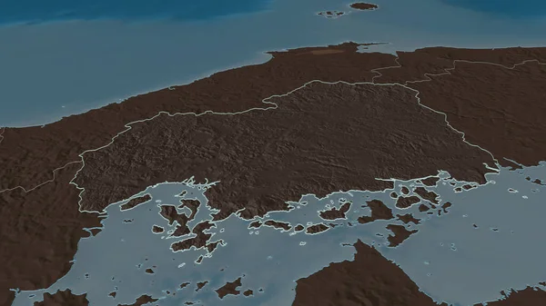 Zoom in on Hiroshima (prefecture of Japan) outlined. Oblique perspective. Colored and bumped map of the administrative division with surface waters. 3D rendering