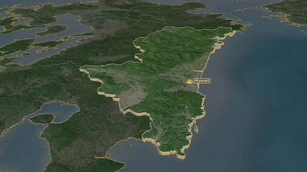 Zoom Sur Miyazaki Préfecture Japon Extrudé Perspective Oblique Imagerie Satellite — Photo