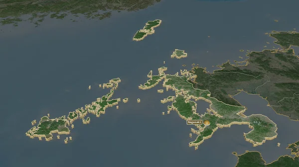 放大长崎 日本都道府县 斜的角度 卫星图像 3D渲染 — 图库照片