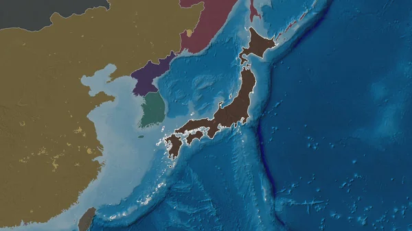 Japon Bölgesinin Ana Hatları Yüzey Sularıyla Birlikte Idari Bölümün Renkli — Stok fotoğraf