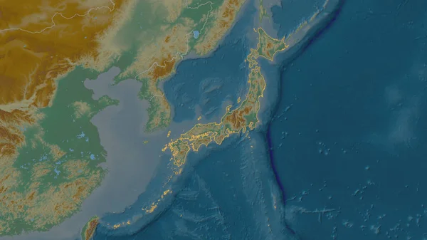 日本エリアの概要形状 地表水と地形救援マップ 3Dレンダリング — ストック写真