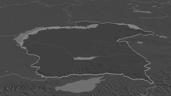 Zoom Almaty Region Kazakhstan Outlined Oblique Perspective Bilevel Elevation Map — Stock Photo, Image