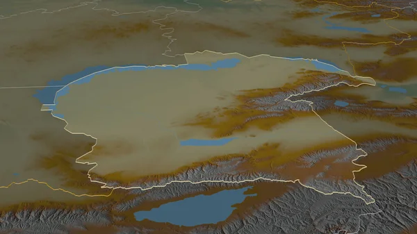 概述了在阿拉木图 哈萨克斯坦地区 扩大活动范围的情况 斜的角度 带有地表水的地形图 3D渲染 — 图库照片