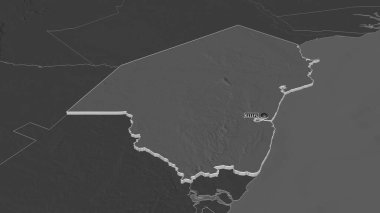 Kenya 'nın Kilifi ilçesine yakınlaştır. Belirsiz bir bakış açısı. Yüzey sularıyla çift seviyeli yükseklik haritası. 3B görüntüleme