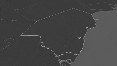 Kenya 'nın Kilifi ilçesine yakınlaştır. Belirsiz bir bakış açısı. Yüzey sularıyla çift seviyeli yükseklik haritası. 3B görüntüleme