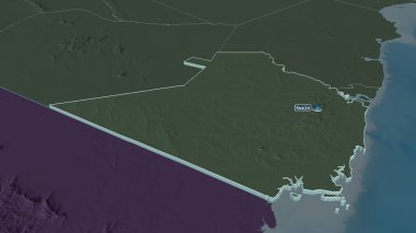 Kenya 'nın Kwale ilçesine yakınlaştır. Belirsiz bir bakış açısı. Yüzey sularıyla birlikte idari bölümün renkli ve çarpık haritası. 3B görüntüleme