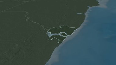 Kenya 'nın Mombasa ilçesine yakınlaştır. Belirsiz bir bakış açısı. Yüzey sularıyla birlikte idari bölümün renkli ve çarpık haritası. 3B görüntüleme