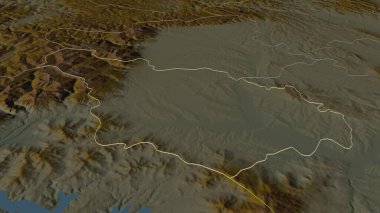 Kosova 'nın Akovica ilçesine (ilçesine) yakınlaş. Belirsiz bir bakış açısı. Yüzey suları olan topografik yardım haritası. 3B görüntüleme