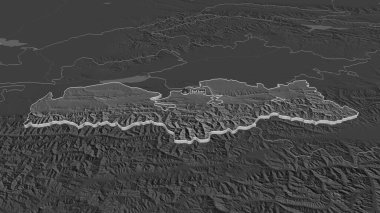 Batken 'e (Kırgızistan ili) yakınlaştır. Belirsiz bir bakış açısı. Yüzey sularıyla çift seviyeli yükseklik haritası. 3B görüntüleme