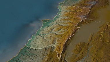 Lübnan Dağı 'na (Lübnan Valisi) yakınlaş. Belirsiz bir bakış açısı. Yüzey suları olan topografik yardım haritası. 3B görüntüleme