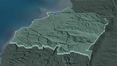 Kuzeye (Lübnan Valisi) yakınlaştırın. Belirsiz bir bakış açısı. Yüzey sularıyla birlikte idari bölümün renkli ve çarpık haritası. 3B görüntüleme