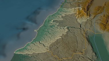 Güney (Lübnan Valiliği) 'ne yakınlaş. Belirsiz bir bakış açısı. Yüzey suları olan topografik yardım haritası. 3B görüntüleme