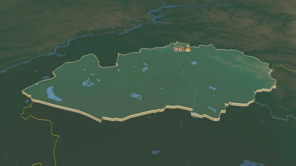 Powiększ Zachodni Kazachstan Region Kazachstanu Wytłaczany Perspektywa Ukośna Mapa Pomocy — Zdjęcie stockowe