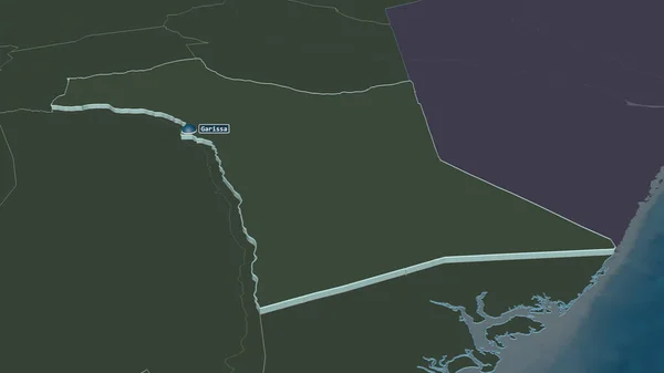Zoom Garissa Contea Del Kenya Estruso Prospettiva Obliqua Mappa Colorata — Foto Stock