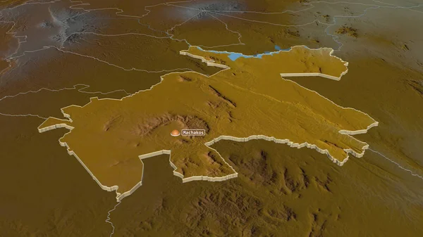 放大对Machakos 肯尼亚县 的挤压 斜的角度 带有地表水的地形图 3D渲染 — 图库照片