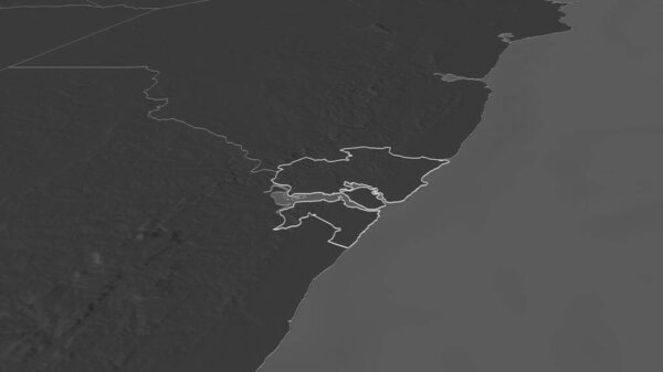 Zoom in on Mombasa (county of Kenya) outlined. Oblique perspective. Bilevel elevation map with surface waters. 3D rendering
