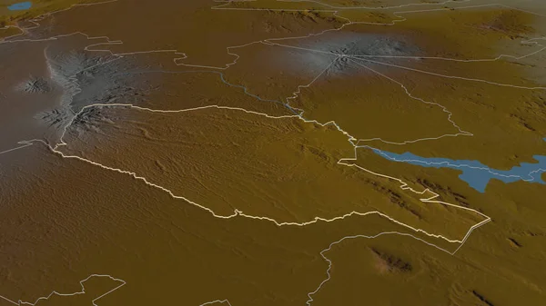以Murang 肯尼亚县 为中心 斜的角度 带有地表水的地形图 3D渲染 — 图库照片
