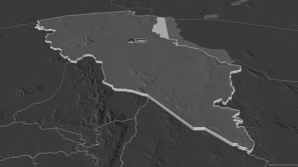 放大图尔卡纳 肯尼亚县 斜的角度 带地表水的双层高程图 3D渲染 — 图库照片