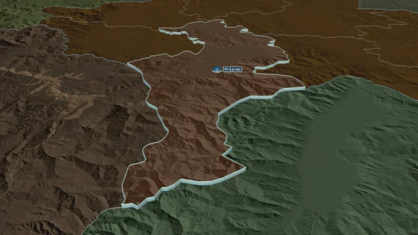 Zoom Sur Prizren District Kosovo Extrudé Perspective Oblique Carte Colorée — Photo