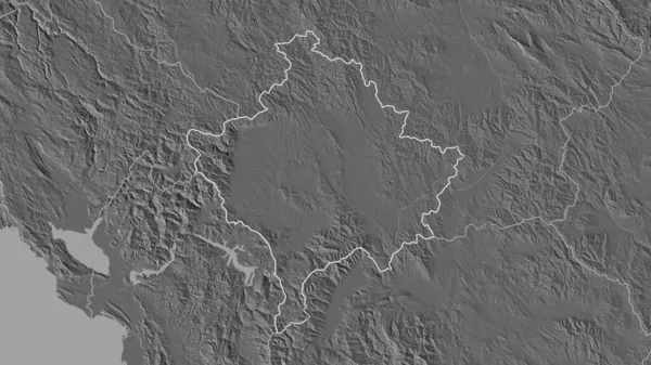 Outlined shape of the Kosovo area. Bilevel elevation map with surface waters. 3D rendering