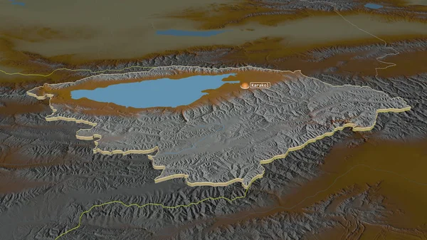 加大对Ysyk Kol 吉尔吉斯斯坦省 的控制力度 斜的角度 带有地表水的地形图 3D渲染 — 图库照片