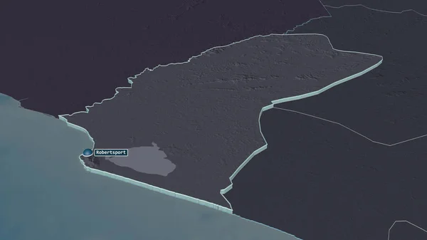 Zoom in on Grand Cape Mount (county of Liberia) extruded. Oblique perspective. Colored and bumped map of the administrative division with surface waters. 3D rendering