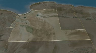 Libya 'nın El Wahat ilçesine yakınlaştırın. Belirsiz bir bakış açısı. Uydu görüntüleri. 3B görüntüleme