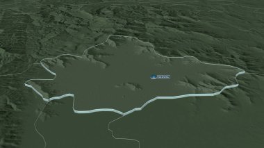 Dolneni 'ye (Makedonya belediyesi) yakınlaştırın. Belirsiz bir bakış açısı. Yüzey sularıyla birlikte idari bölümün renkli ve çarpık haritası. 3B görüntüleme