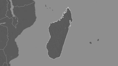 Madagaskar bölgesinin ana hatları. Yüzey sularıyla çift seviyeli yükseklik haritası. 3B görüntüleme