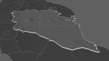 Pahang 'a (Malezya eyaleti) yakınlaştır. Belirsiz bir bakış açısı. Yüzey sularıyla çift seviyeli yükseklik haritası. 3B görüntüleme