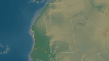 Moritanya bölgesinin ana hatlarıyla çizilmiş hali. Yüzey suları olan topografik yardım haritası. 3B görüntüleme