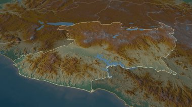 Michoacan 'a (Meksika eyaleti) yakınlaştır. Belirsiz bir bakış açısı. Yüzey suları olan topografik yardım haritası. 3B görüntüleme