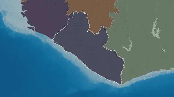 利比里亚地区的轮廓 用地表水绘制了行政区划的彩色和凹凸的地图 3D渲染 — 图库照片