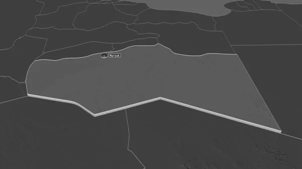 Zoom Murzuq Distretto Della Libia Estruso Prospettiva Obliqua Mappa Elevazione — Foto Stock