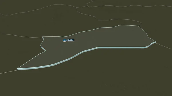 放大萨卜哈 利比亚地区 的挤压 斜的角度 用地表水绘制了行政区划的彩色和凹凸的地图 3D渲染 — 图库照片
