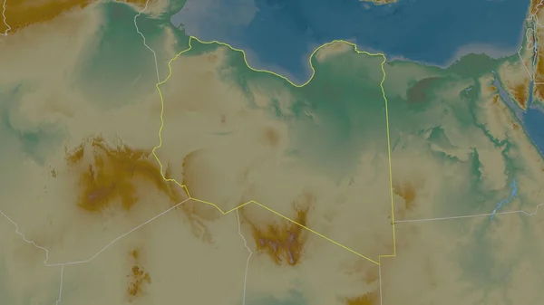 Zarysowany Kształt Obszaru Libii Mapa Pomocy Topograficznej Wodami Powierzchniowymi Renderowanie — Zdjęcie stockowe