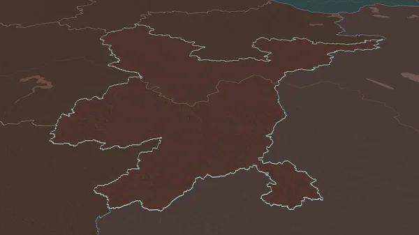 Zoom in on Vilniaus (county of Lithuania) outlined. Oblique perspective. Colored and bumped map of the administrative division with surface waters. 3D rendering