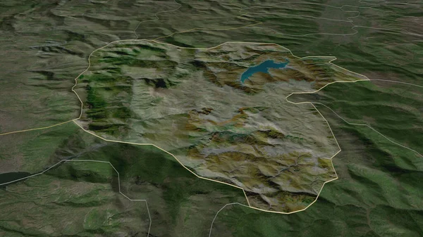 Zoom Mavrovo Rostusa Gemeente Macedonië Geschetst Obliek Perspectief Satellietbeelden Weergave — Stockfoto